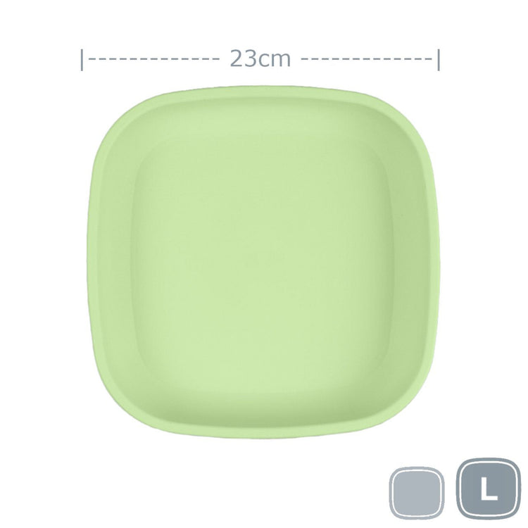 Single Re-Play recycled plastic large flat dinner plate with deep rim edges on a clean white background, available in Australia in Leaf