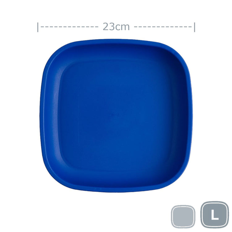 Single Re-Play recycled plastic large flat dinner plate with deep rim edges on a clean white background, available in Australia in Navy Blue.