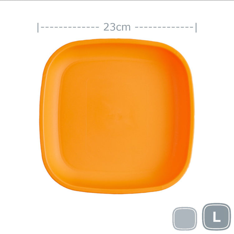Single Re-Play recycled plastic large flat dinner plate with deep rim edges on a clean white background, available in Australia in Orange