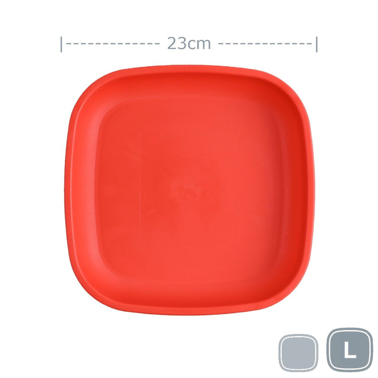 Single Re-Play recycled plastic large flat dinner plate with deep rim edges on a clean white background, available in Australia in Red
