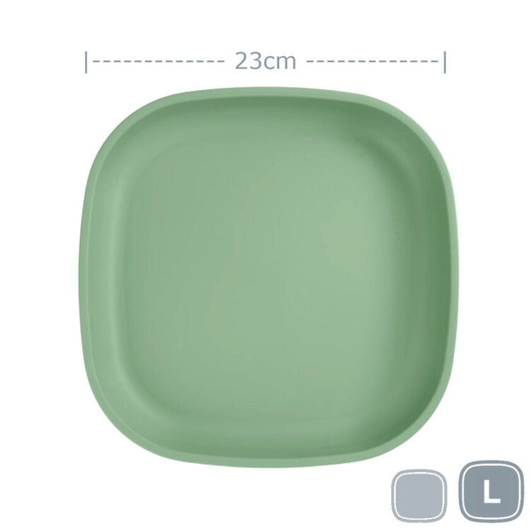 Single Re-Play recycled plastic large flat dinner plate with deep rim edges on a clean white background, available in Australia in sage