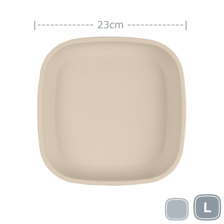 Single Re-Play recycled plastic large flat dinner plate with deep rim edges on a clean white background, available in Australia in Sand.