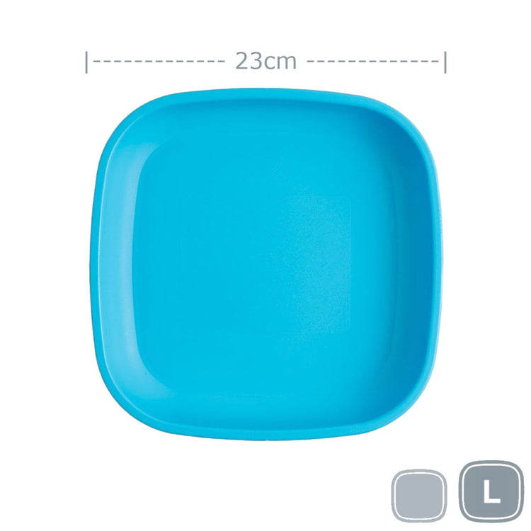 Single Re-Play recycled plastic large flat dinner plate with deep rim edges on a clean white background, available in Australia in Sky Blue