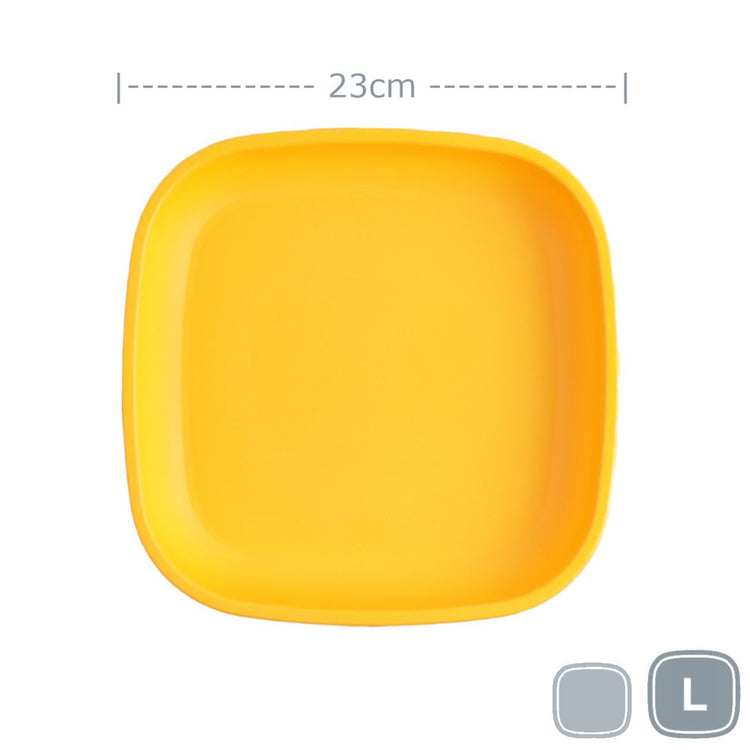 Single Re-Play recycled plastic large flat dinner plate with deep rim edges on a clean white background, available in Australia in Sunny Yellow