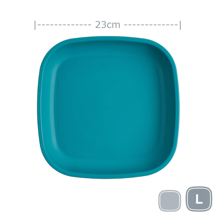 Single Re-Play recycled plastic large flat dinner plate with deep rim edges on a clean white background, available in Australia in Teal.