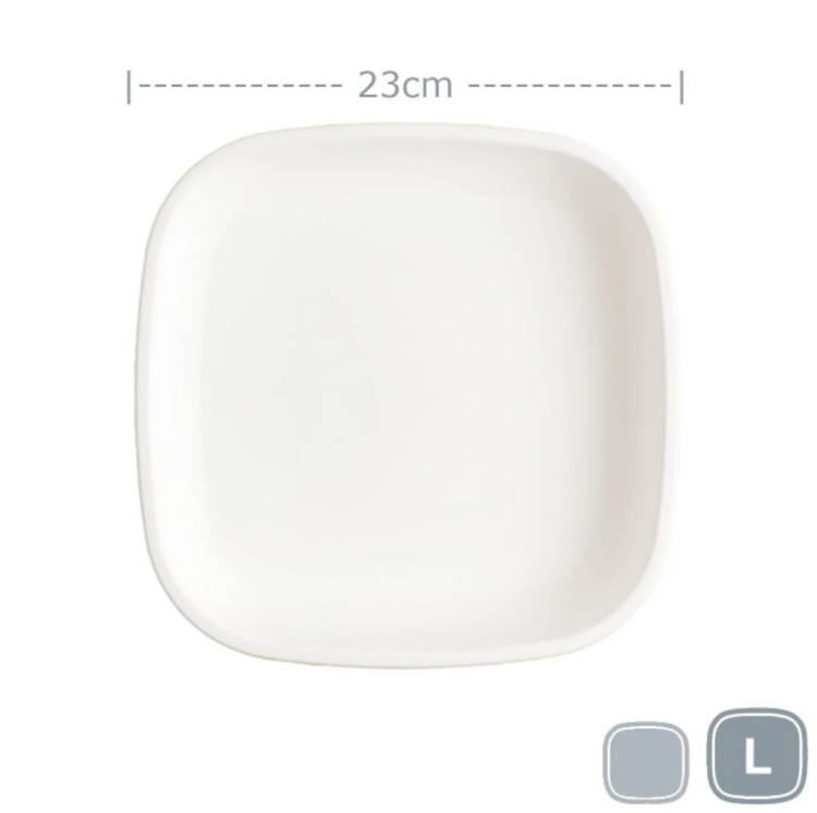 Single Re-Play recycled plastic large flat dinner plate with deep rim edges on a clean white background, available in Australia in white.