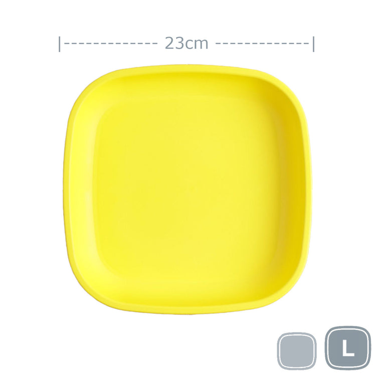 Single Re-Play recycled plastic large flat dinner plate with deep rim edges on a clean white background, available in Australia in Yellow.