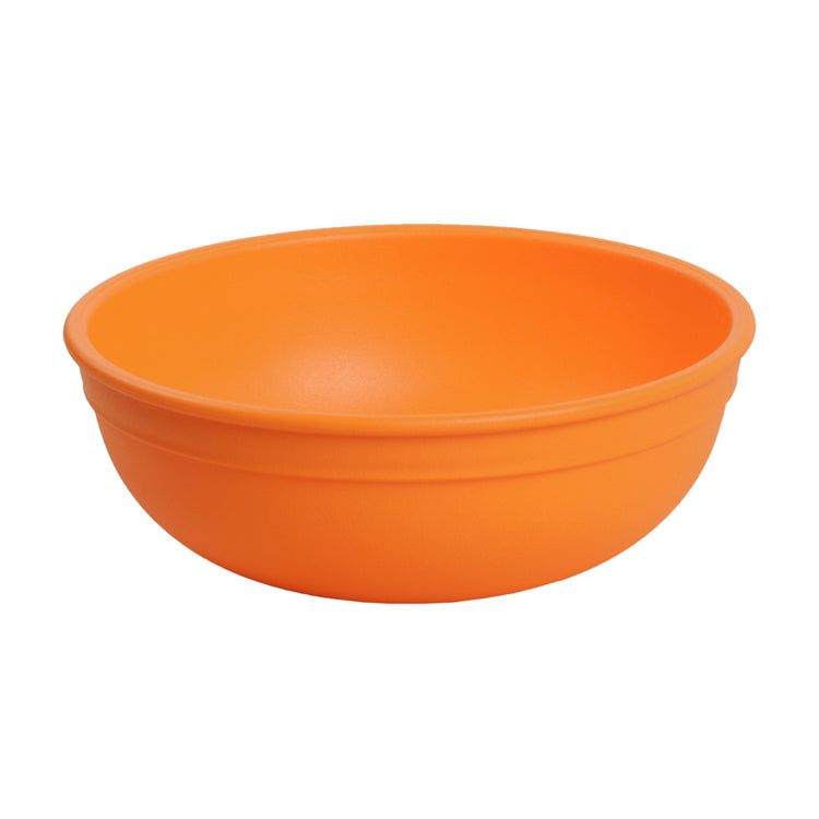 Single Re-Play recycled plastic large kids bowl with deep sloping walls on a clean white background, available in Australia in Orange.