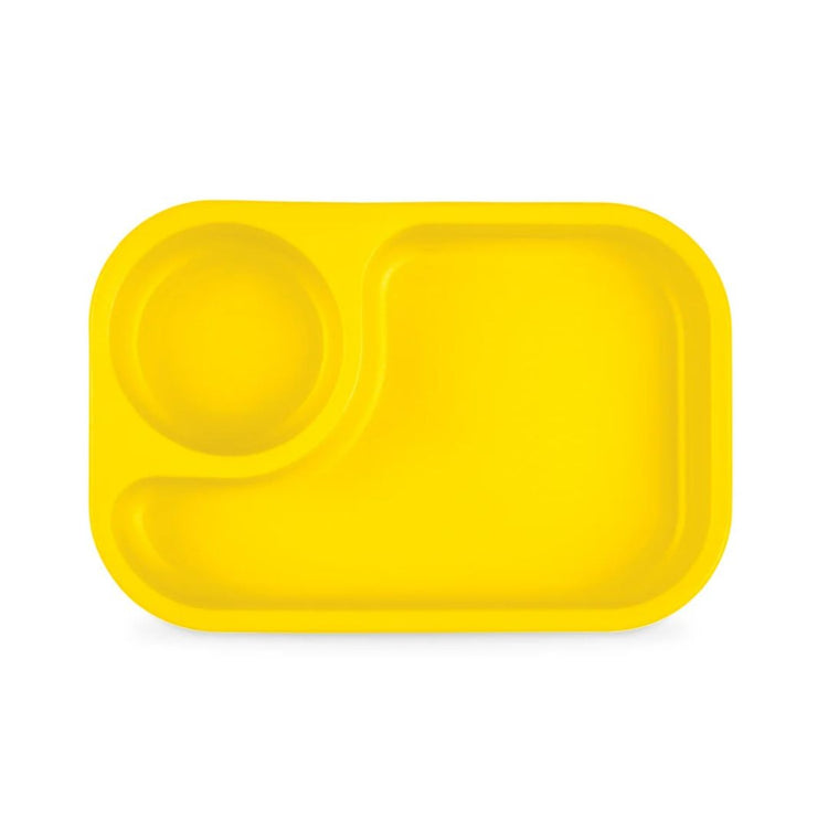 Single Re-Play recycled plastic compact tiny tray featuring an integrated round dipping sauce compartment on a clean white background, available in Australia in yellow.