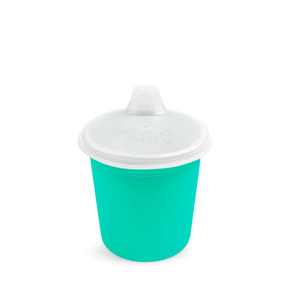 Single Re Play recycled plastic tiny tumbler training cup assembled with its matching sip lid on a clean white background, available in Australia in aqua.