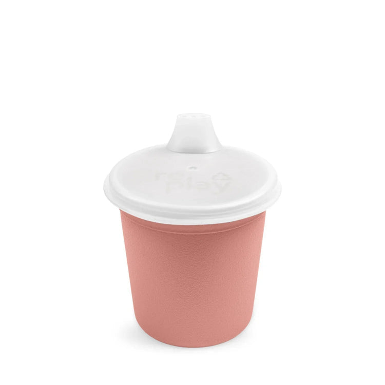 Single Re Play recycled plastic tiny tumbler training cup assembled with its matching sip lid on a clean white background, available in Australia in desert.