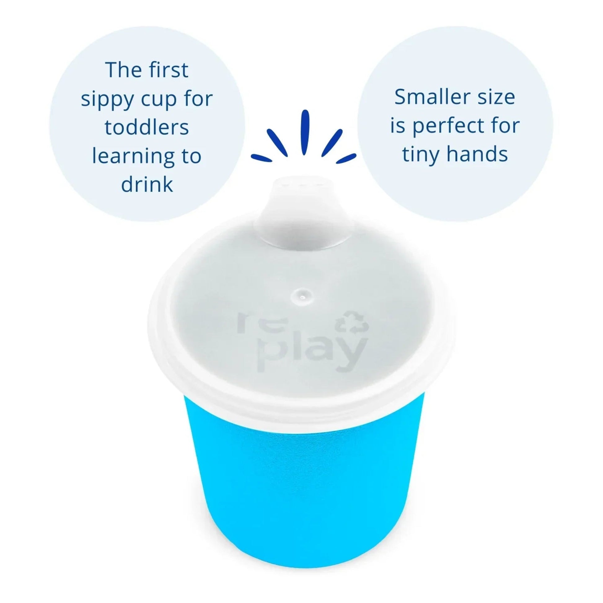 Single Re Play recycled plastic tiny tumbler training cup assembled with its matching sip lid showing the key features.