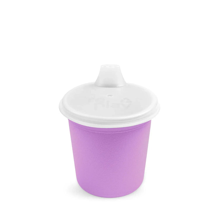 Single Re Play recycled plastic tiny tumbler training cup assembled with its matching sip lid on a clean white background, available in Australia in purple.