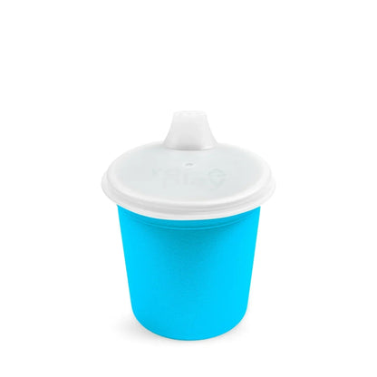 Single Re Play recycled plastic tiny tumbler training cup assembled with its matching sip lid on a clean white background, available in Australia in sky blue.