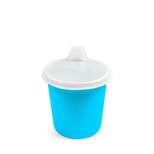 Single Re Play recycled plastic tiny tumbler training cup assembled with its matching sip lid on a clean white background, available in Australia in sky blue.
