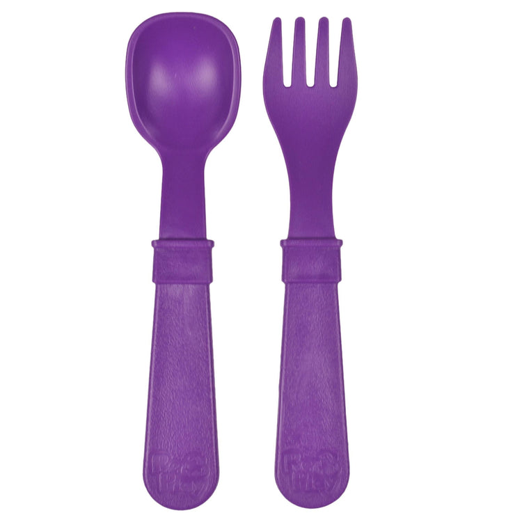 Single matching Re Play recycled plastic toddler fork and spoon cutlery set on a clean white background, available in Australia in Amethyst