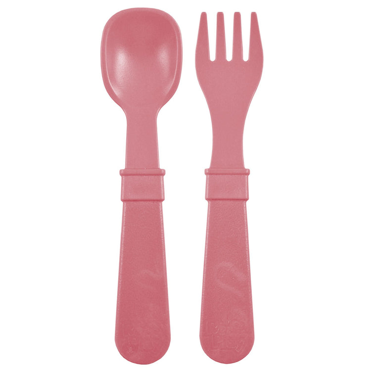 Single matching Re Play recycled plastic toddler fork and spoon cutlery set on a clean white background, available in Australia in Desert
