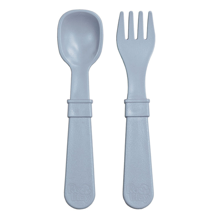 Single matching Re Play recycled plastic toddler fork and spoon cutlery set on a clean white background, available in Australia in Grey