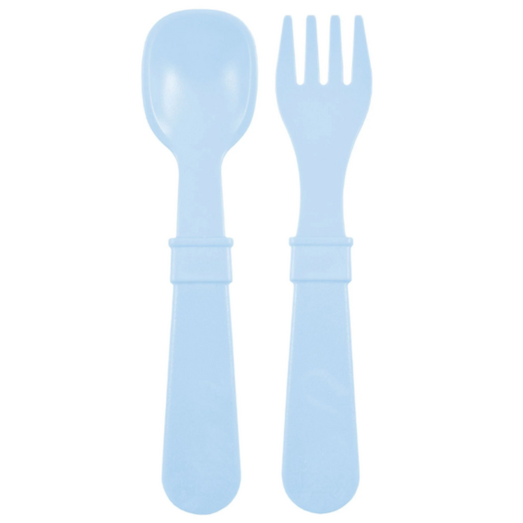 Single matching Re Play recycled plastic toddler fork and spoon cutlery set on a clean white background, available in Australia in ice blue.
