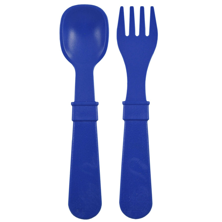 Single matching Re Play recycled plastic toddler fork and spoon cutlery set on a clean white background, available in Australia in Navy Blue