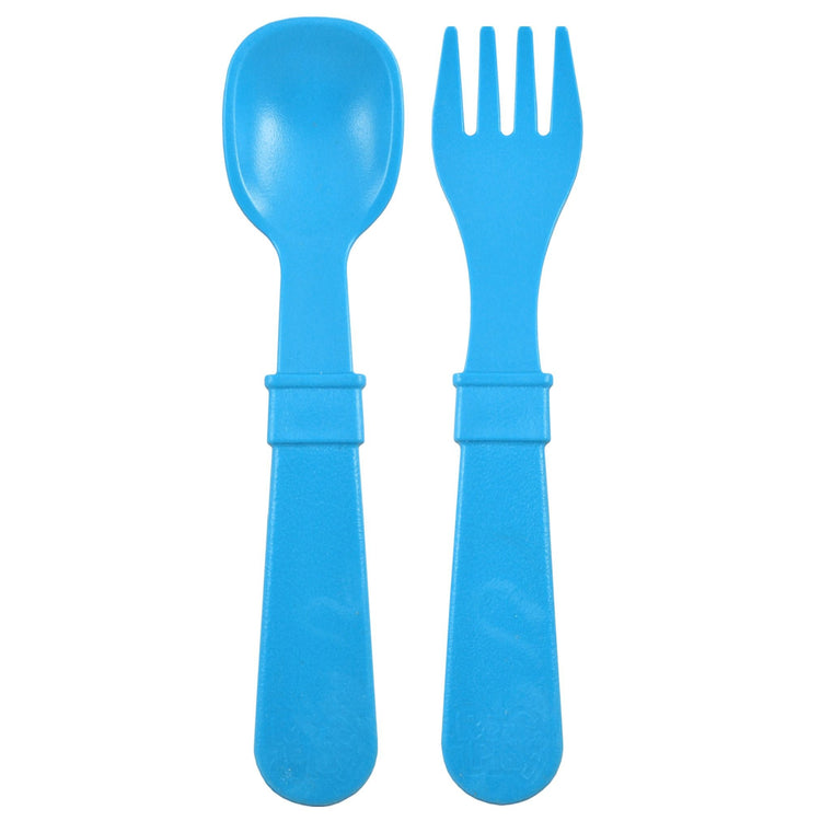 Single matching Re Play recycled plastic toddler fork and spoon cutlery set on a clean white background, available in Australia in Sky Blue