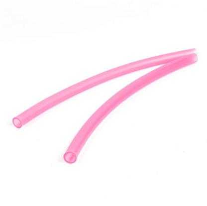 Two single Re-Play replacement reusable silicone straw with a built in stopper ring on a clean white background, available in Australia in pink.