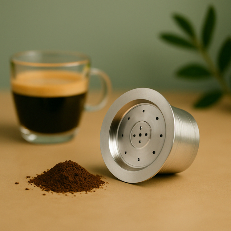 A single stainless steel reusable coffee pod placed next to acup of coffee on a kitchen countertop with fresh coffee grounds.