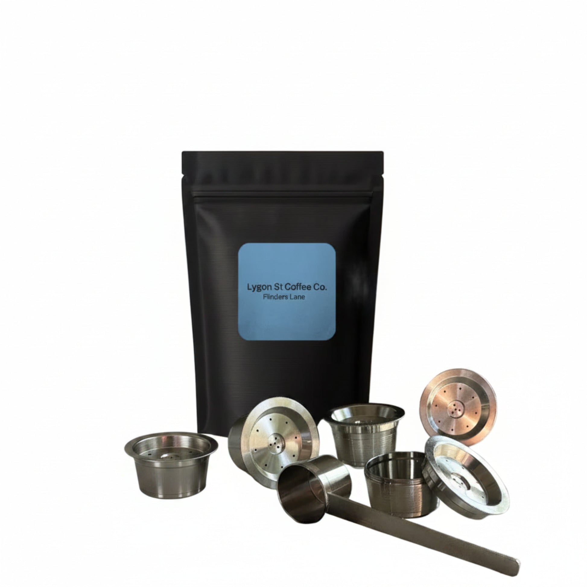 Pod Star family pack for Aldi K-fee and Caffitaly users with four reusable stainless steel pods, tamper, scoop, and coffee.