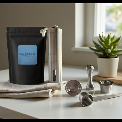 Pod Star barista pack for Espressotoria coffee machines featuring two stainless steel reusable pods, a manual coffee grinder, an espresso tamper, a scoop, and premium coffee beans on a kitchen banchtop.