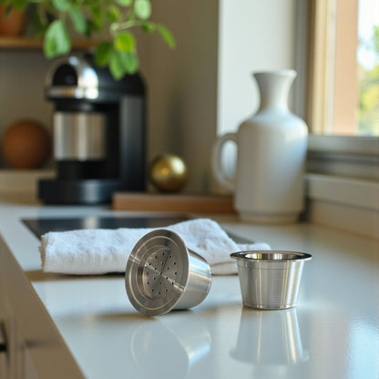Two refillable stainless steel coffee pods displayed aon a kitchen countertop next to a napkin.