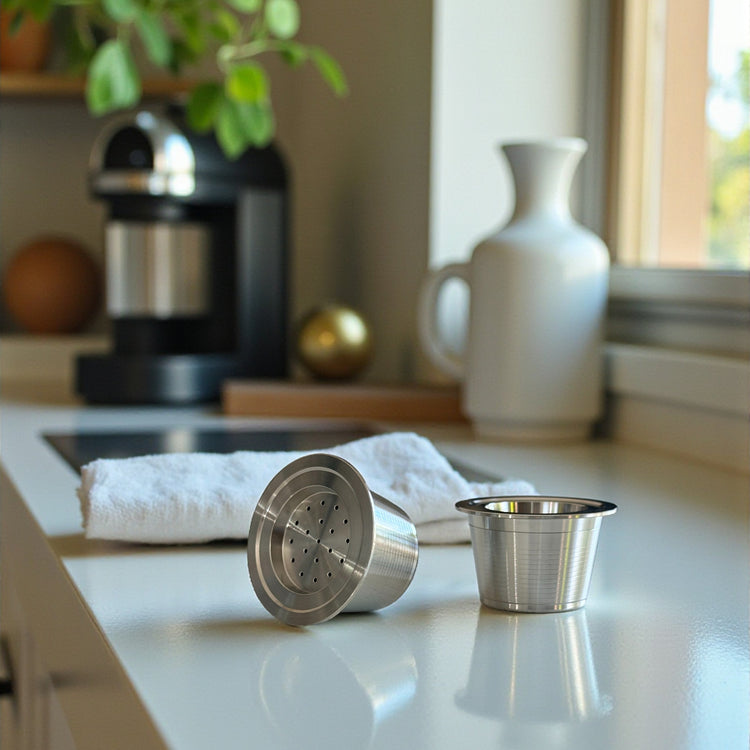 Two refillable stainless steel coffee pods displayed aon a kitchen countertop next to a napkin.