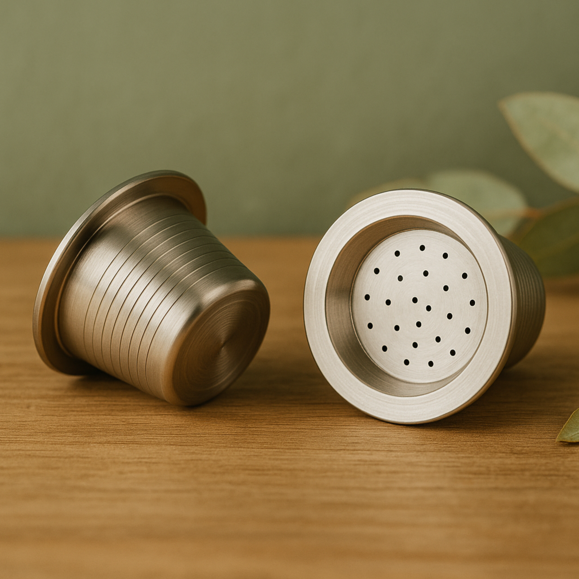 Two refillable stainless steel coffee pods displayed on a countertop nest to leaves.