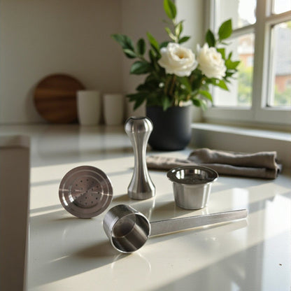 Two refillable stainless steel coffee pods displayed alongside a precision tamper and measuring scoop on a kitchen countertop near a window.