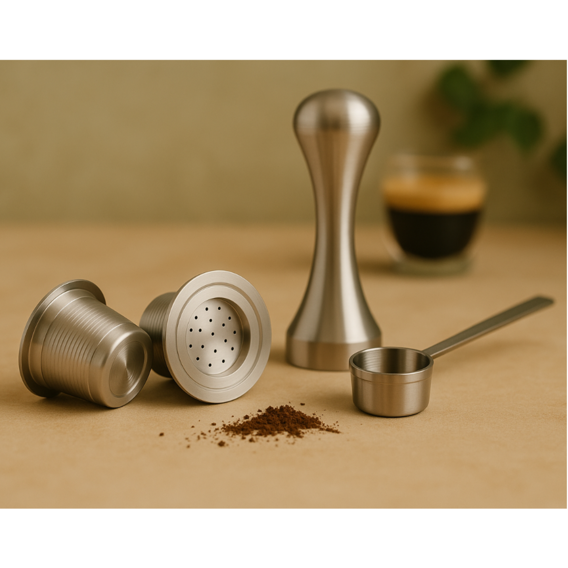 Two refillable stainless steel coffee pods displayed alongside a precision tamper and measuring scoop on a countertop with a cup of coffee.