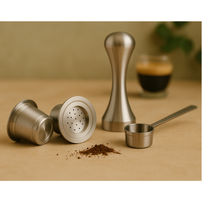 Two refillable stainless steel coffee pods displayed alongside a precision tamper and measuring scoop on a countertop with a cup of coffee.