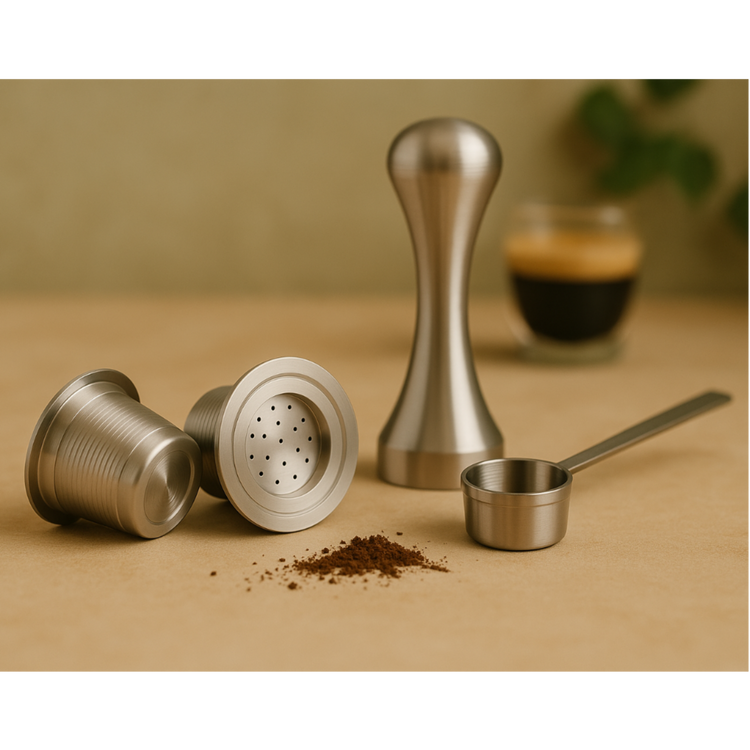 Two refillable stainless steel coffee pods displayed alongside a precision tamper and measuring scoop on a countertop with a cup of coffee.
