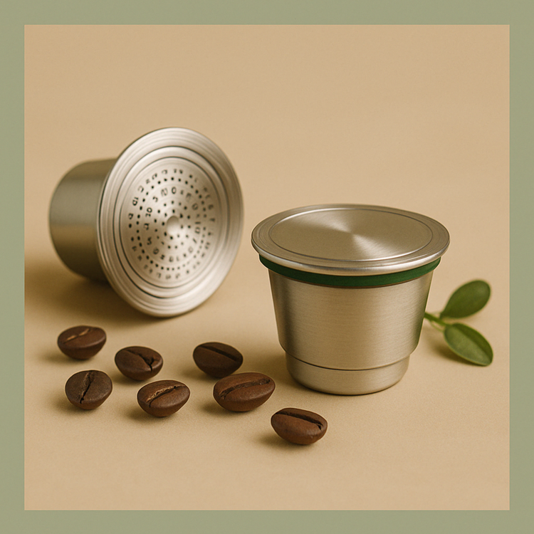 Two refillable stainless steel coffee pods on a beige background with beans.