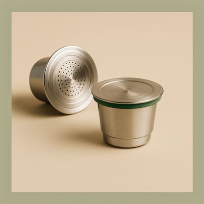 Two refillable stainless steel coffee pods on a beige background.