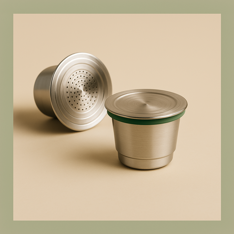 Two refillable stainless steel coffee pods on a beige background.
