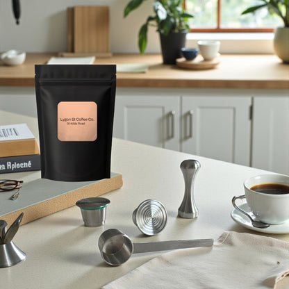 Pod Star starter pack for Nespresso Original line coffee machines featuring two refillable stainless steel capsules, an espresso tamper, a measuring scoop, and fresh coffee grounds on a kitchen countertop with cup of coffee.