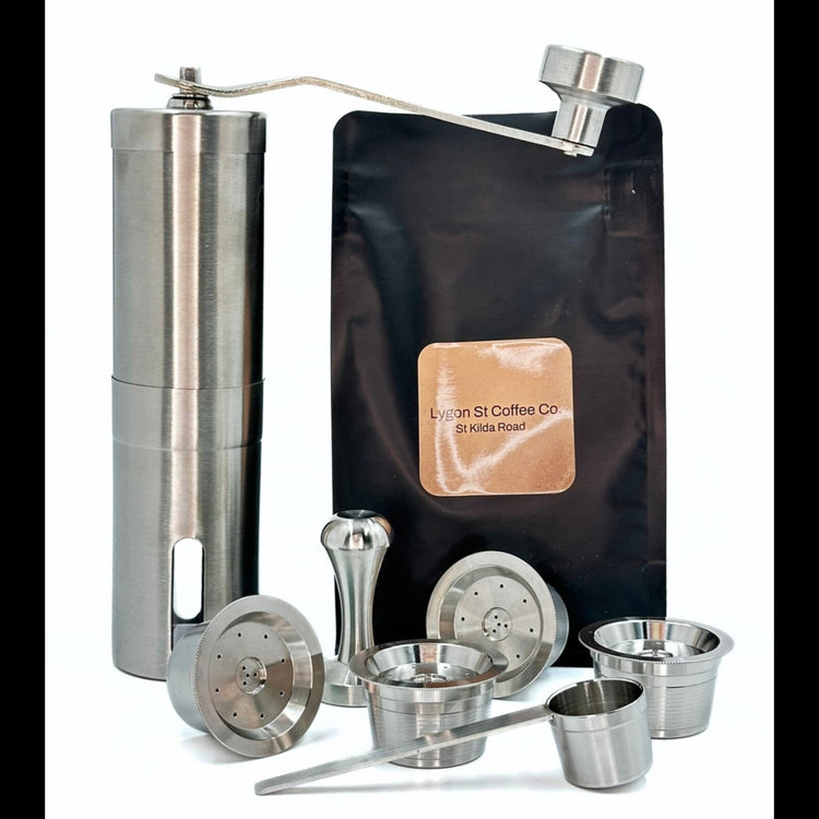 Pod Star ultimate pack for Aldi K-fee, Verismo,Caffitaly: four steel reusable capsules, grinder, tamper, scoop, coffee beans.
