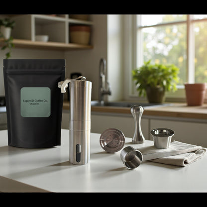 Pod Star ultimate pack for Espressotoria coffee machines featuring four stainless steel reusable capsules, a manual burr grinder, an espresso tamper, a scoop, and coffee beans on a kitchen countertop.