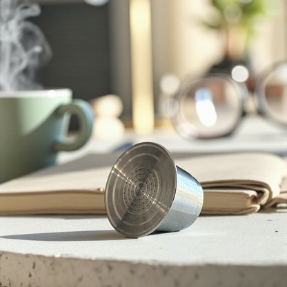 Pod Star marine-grade 316L stainless steel reusable coffee capsule shown side on on a kitchen countertop, designed for Nespresso Original line machines.