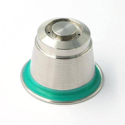 Pod Star marine-grade 316L stainless steel reusable coffee capsule shown upside down on a white background, designed for Nespresso Original line machines.