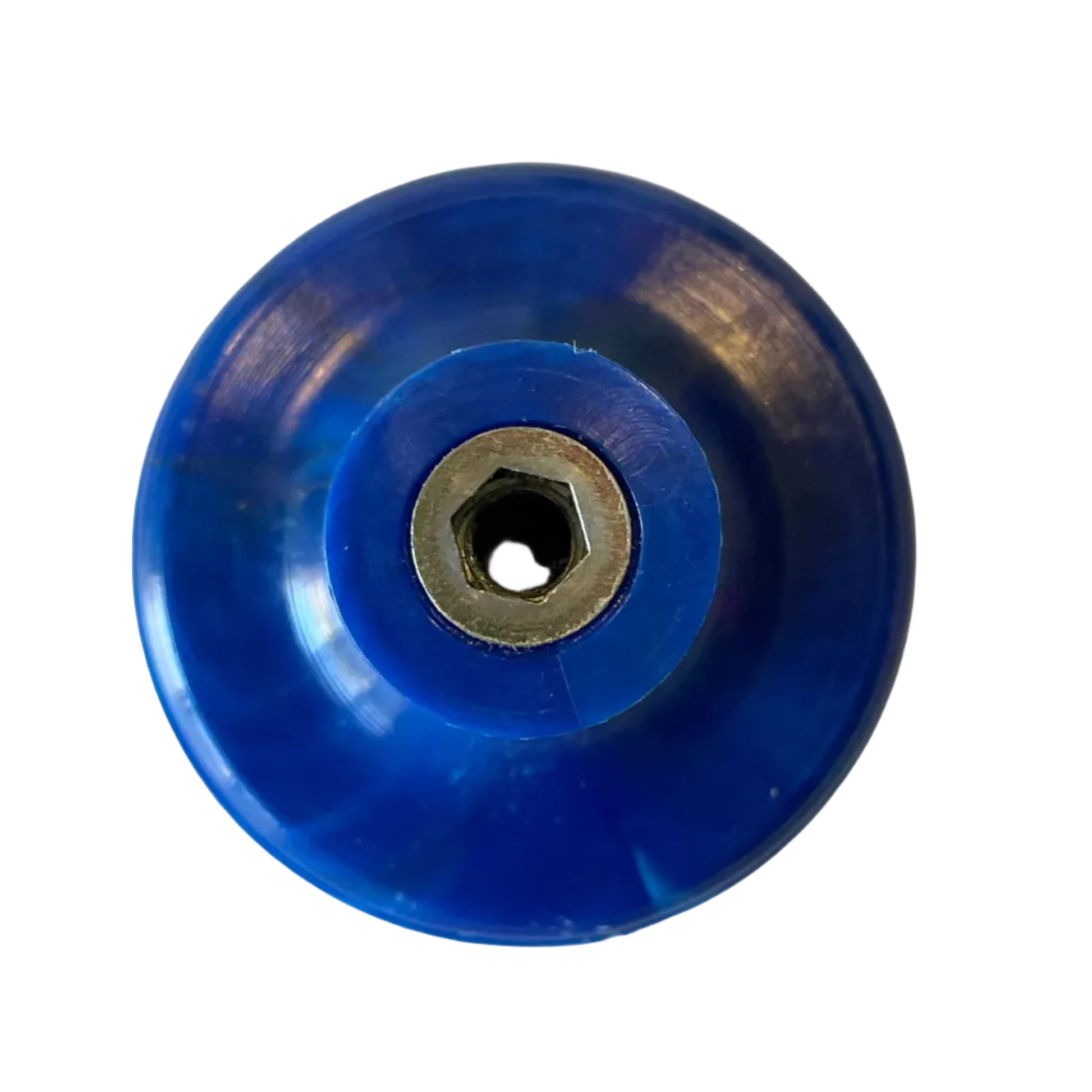 Rear view of a round recycled plastic wall hook showing the embedded M6 insert and double-ended hex screw setup.