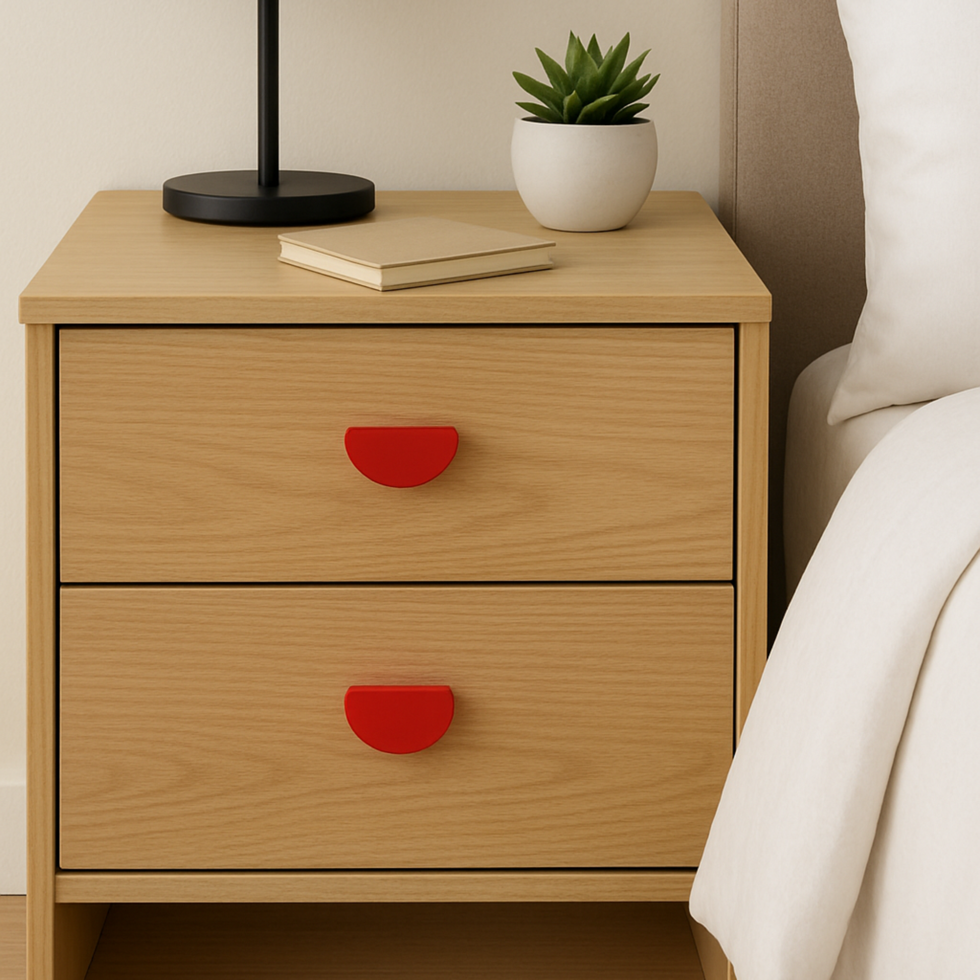 Pair of semi-circle finger pull handles installed on drawer doors creating a contemporary interior design.