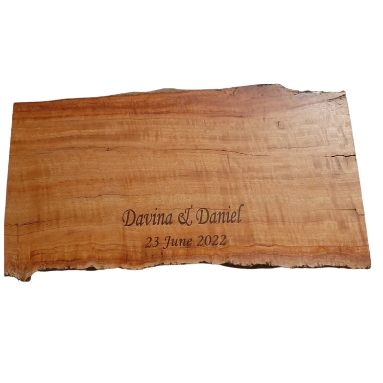 Small 30x20cm recycled timber cheese board featuring a rustic natural live edge, handcrafted in Australia by Lyons Woodturning with personalised engraving.