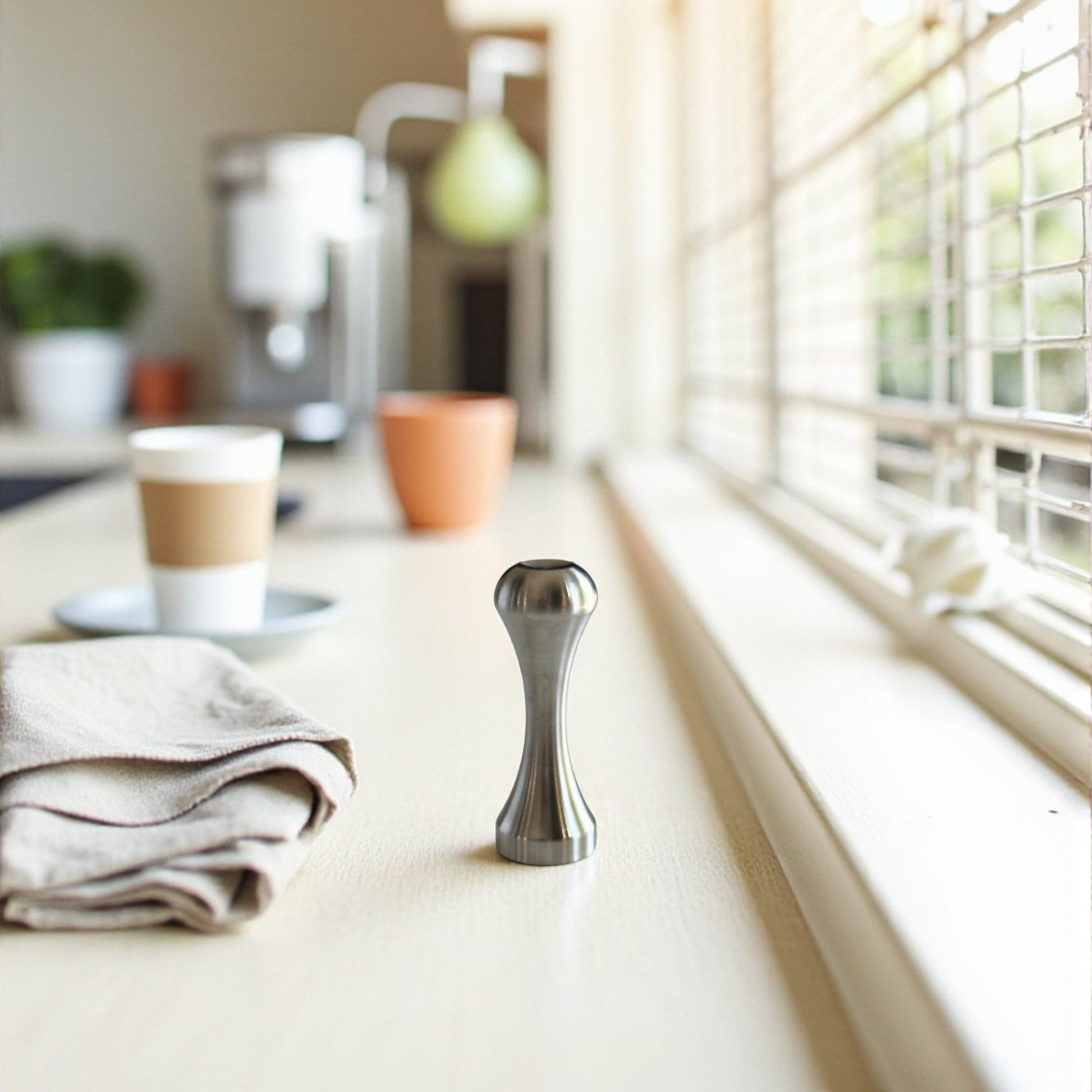 Solid stainless steel coffee pod tamper tool designed for packing reusable capsules, shown upright on kitchen countertop.