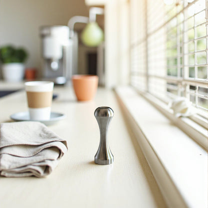 Solid stainless steel coffee pod tamper tool designed for packing reusable capsules, shown upright on kitchen countertop.