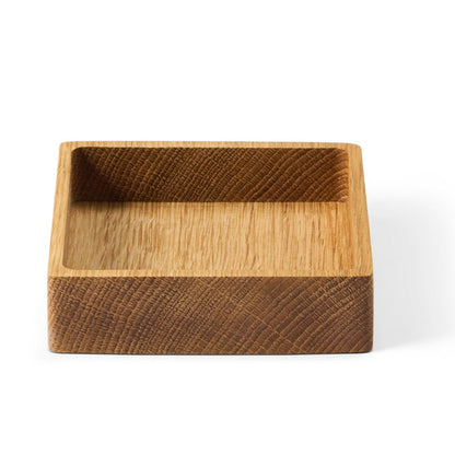 LIND DNA Square recycled leather coaster box oak nature side view.